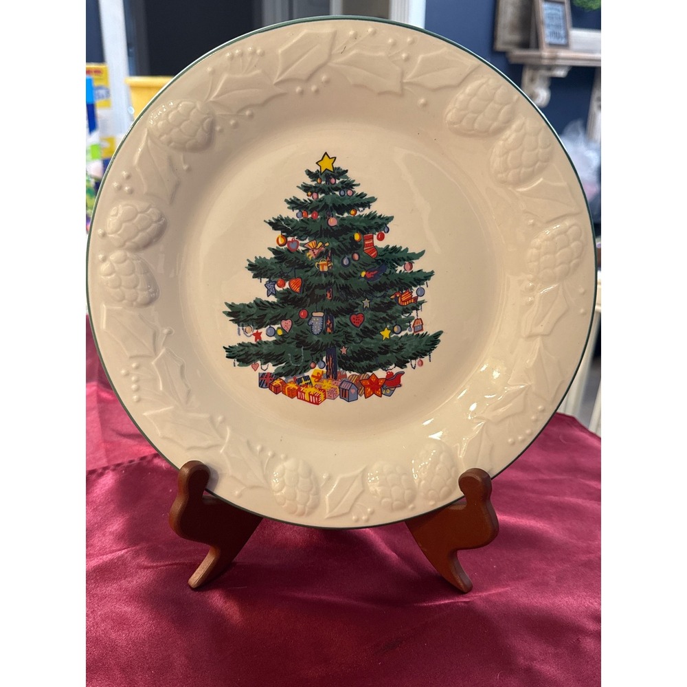 GTI Christmas Tree Dinner Plate Embossed Holly Pinecone Border Cream 10.5 Inch